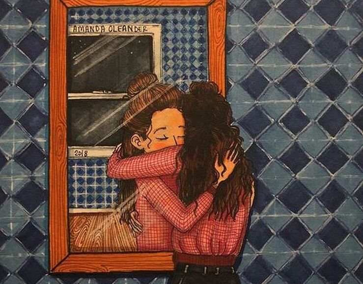 image depicting a person looking at their inner child in the mirror. Both identities of this person (older and younger) are hugging through the mirror.
